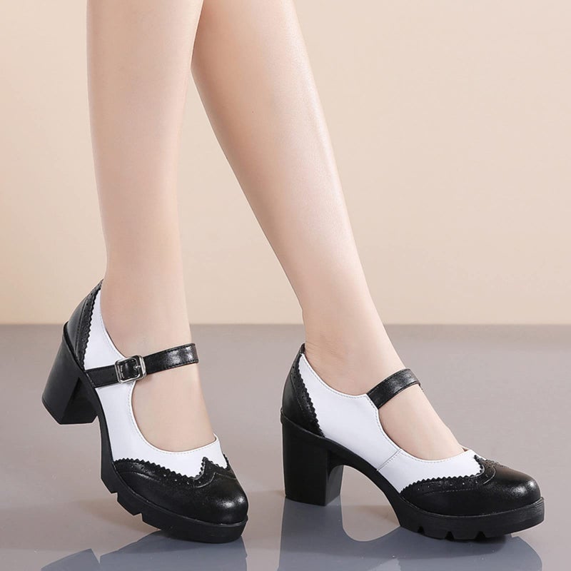 DADAWEN Women's Chunky Low Block Heels Mary Jane Closed Toe Work Pumps Comfortable Round Toe Oxfords Dress Wedding Shoes Black/White US Size 8 - Image 2